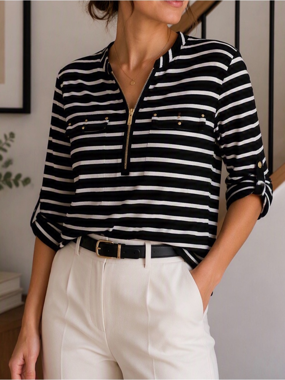 Calvin Klein Black & White Striped Half-Zip Long Sleeve Top